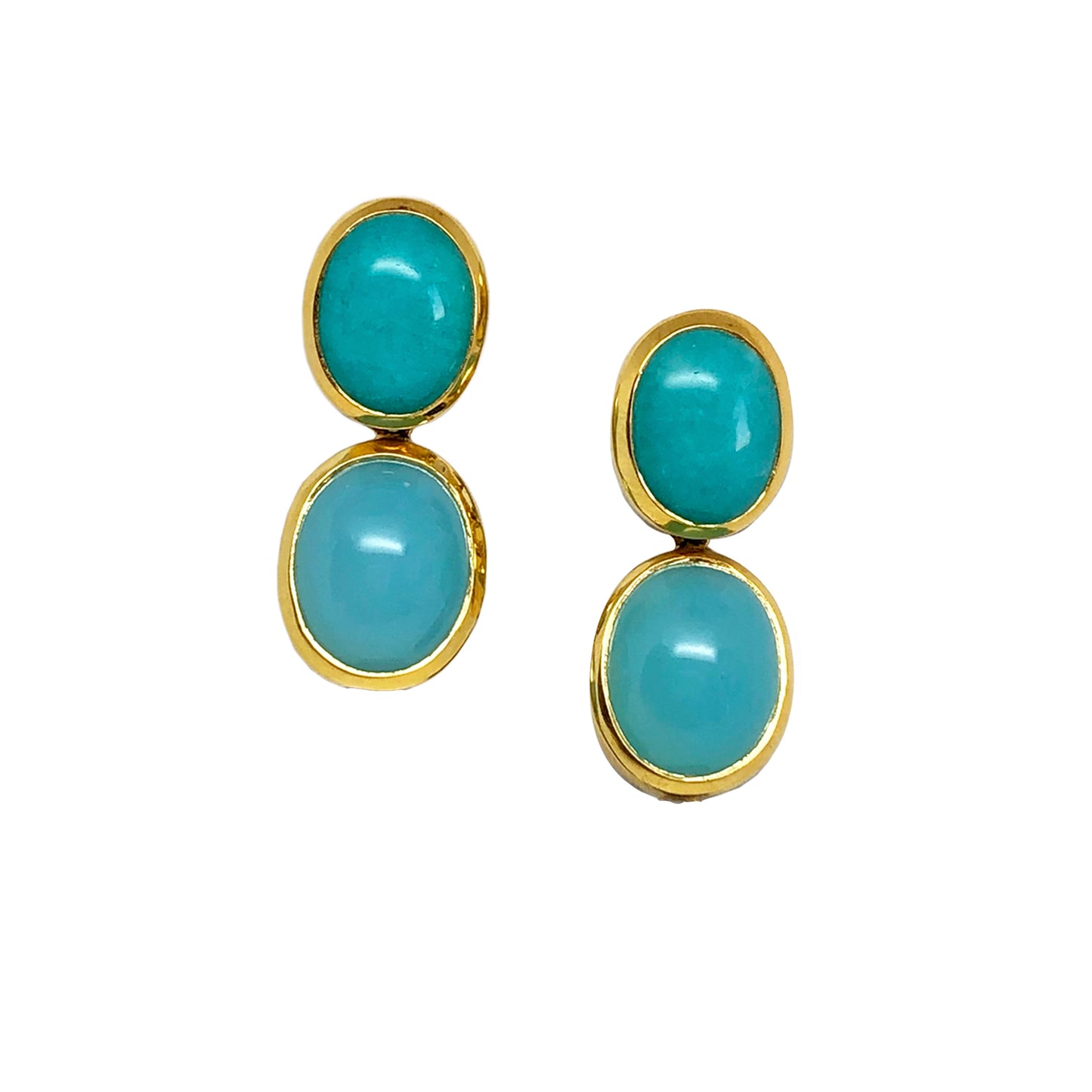 Amazonite and chalcedony blue gemstone earrings set in yellow gold on a light gray background