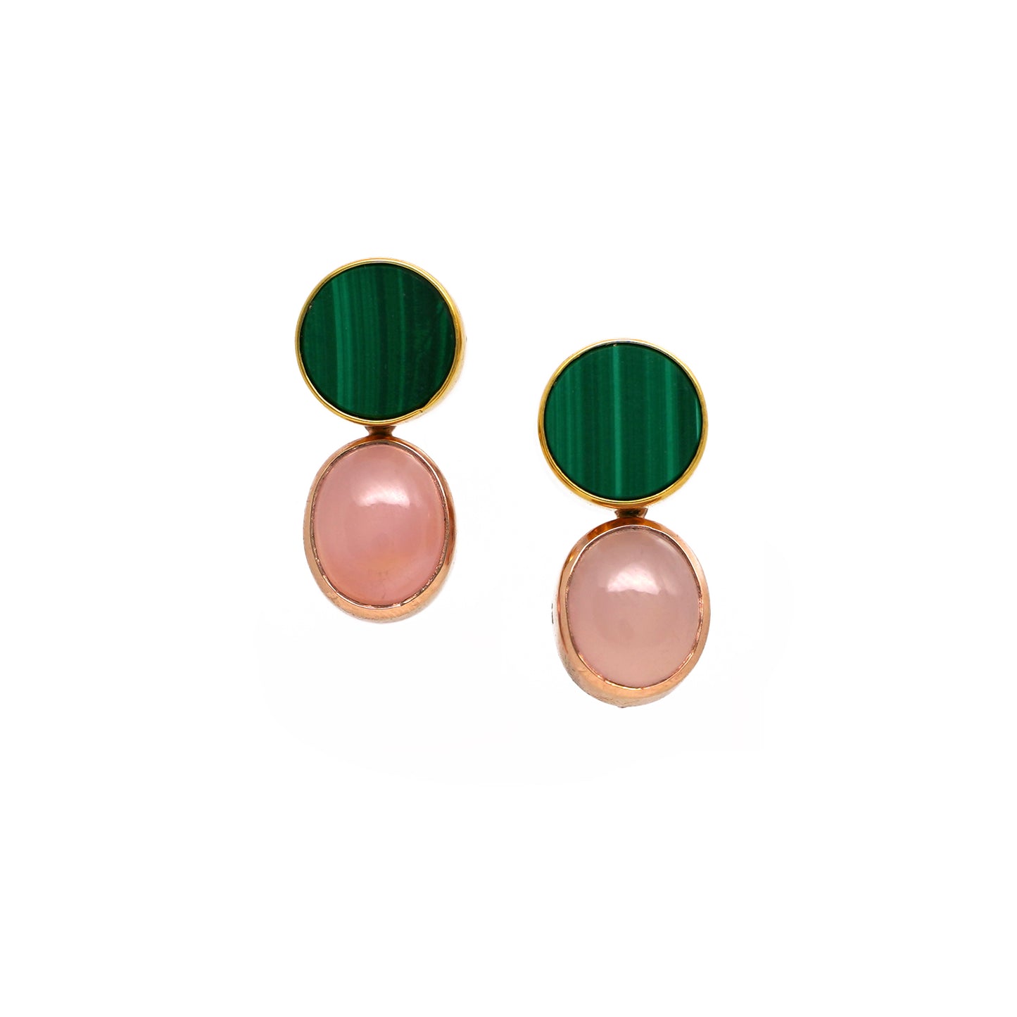 Malachite Stud Earrings with Pink Agate set in yellow gold and rose gold