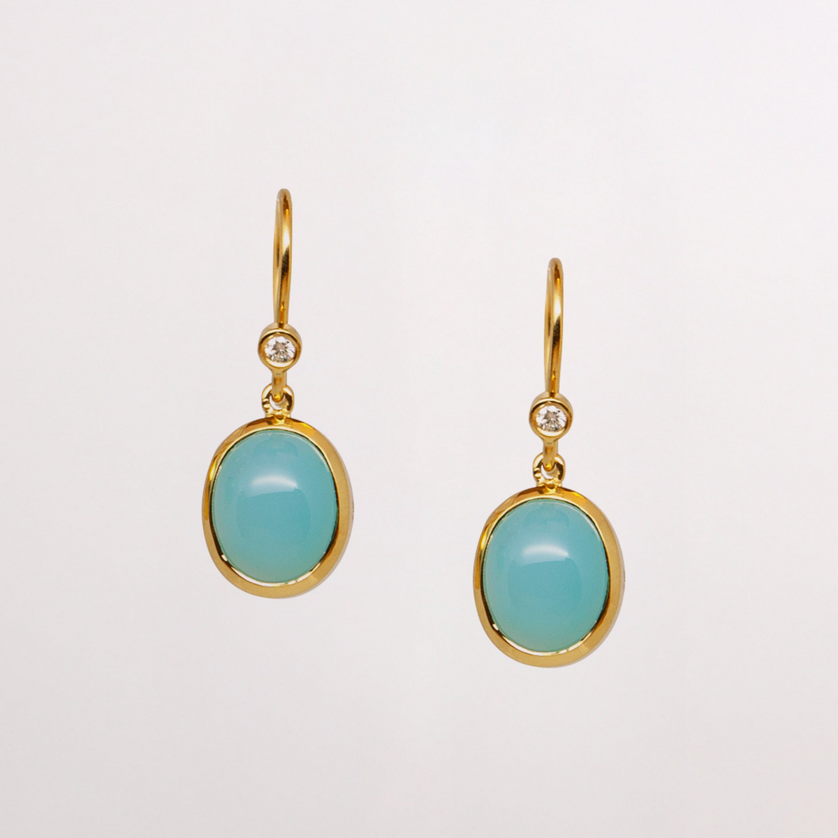 Chalcedony Gold Earrings with natural blue Gemstone set in yellow gold with diamonds