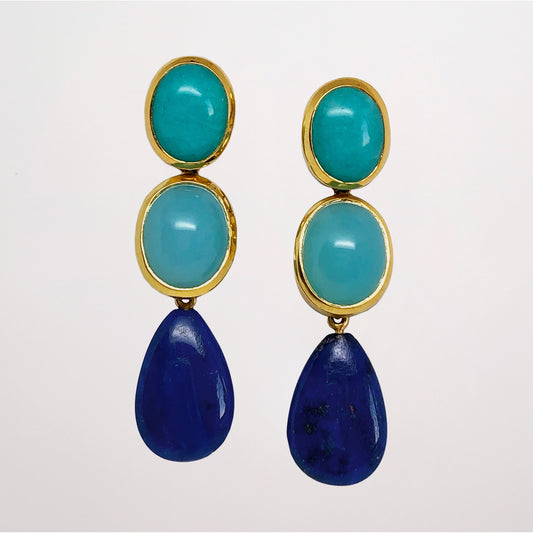 Pair of blue gemstone earrings with turquoise and blue stones on a white background with Amazonite Studs, Chalcedony and Lapis Lazuli