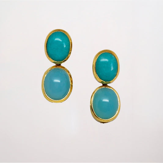 Amazonite and chalcedony blue gemstone earrings set in yellow gold on a light gray background