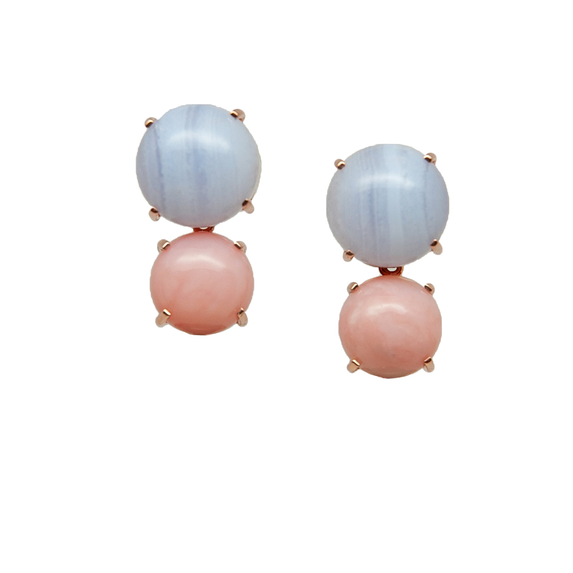 Chalcedony and Pink Opal as a pair of pink and blue gemstone earrings on white background