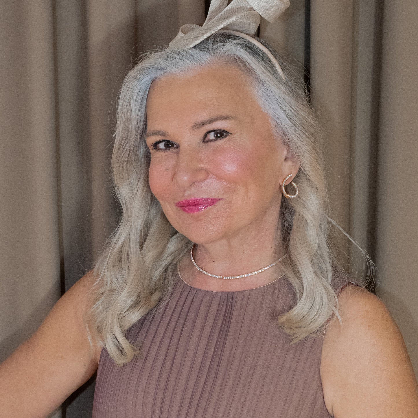 Pave Diamond Earrings and matching necklace in rose gold on model