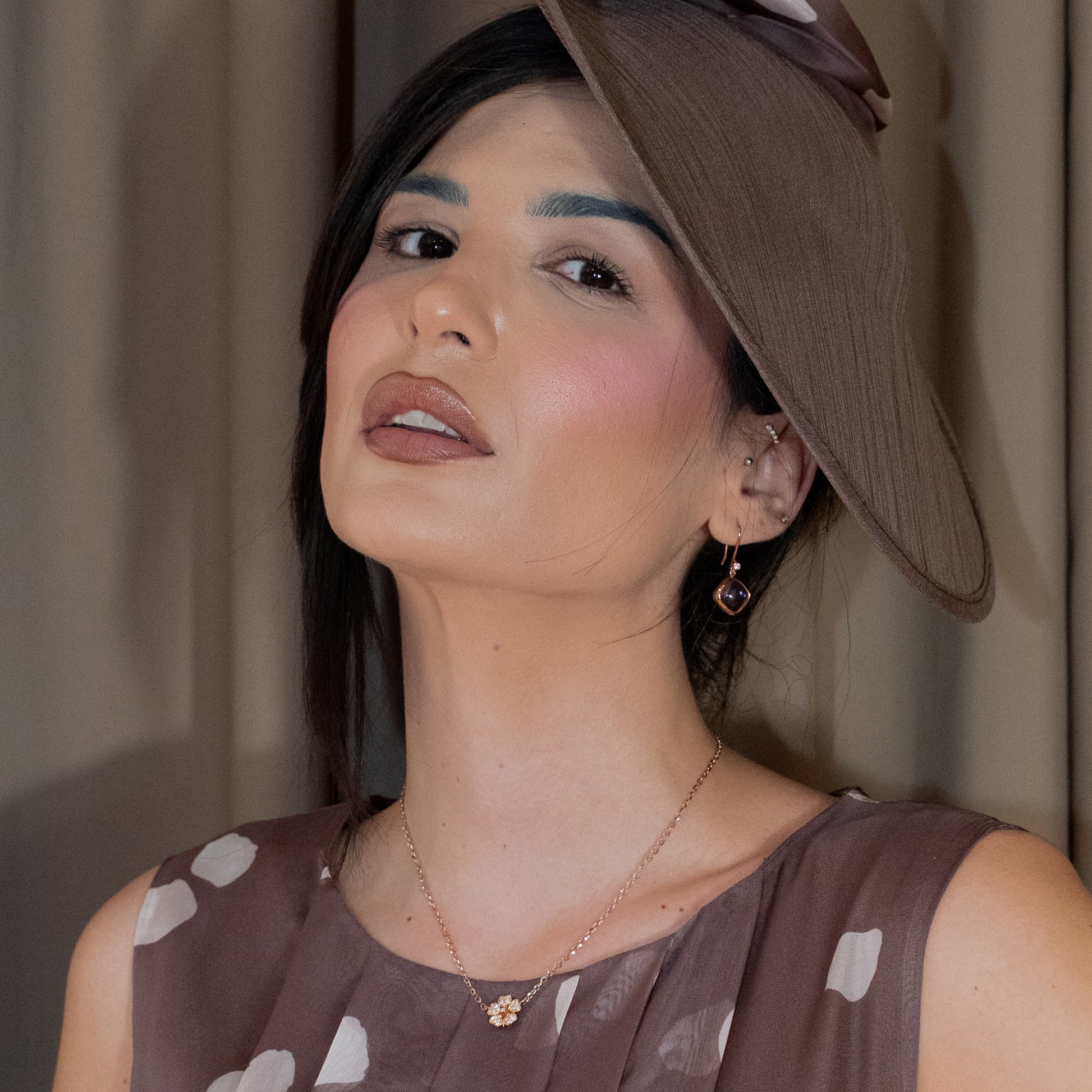 Model wearing Flower Necklace Diamond and amethyst earrings - Amilla Jewelry