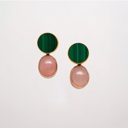 Pair of earrings with green and pink stones on a light gray background - Malachite Stud Earrings with Pink Agate set in yellow gold and rose gold