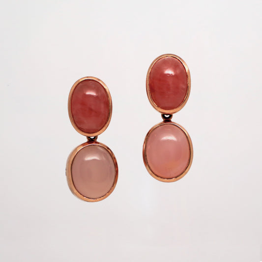 Pair of gemstone earrings with pink stones set in rose gold on a light gray background