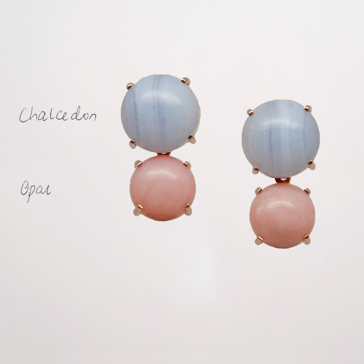 Stud Earrings Gold with Pink Opal and Chalcedony, designed in Switzerland and set in 18K rose gold.