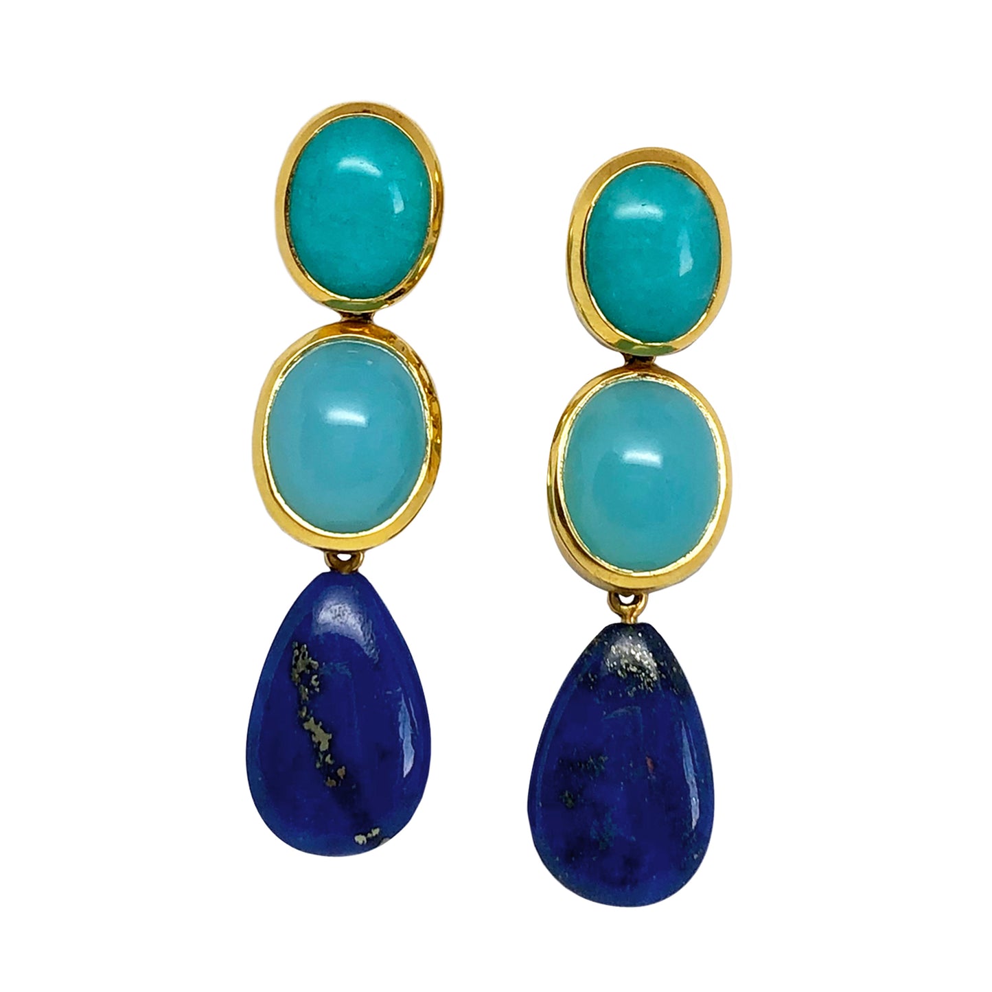 Blue gemstone earrings with turquoise and blue stones on a white background with Amazonite Studs, Chalcedony and Lapis Lazuli on a model