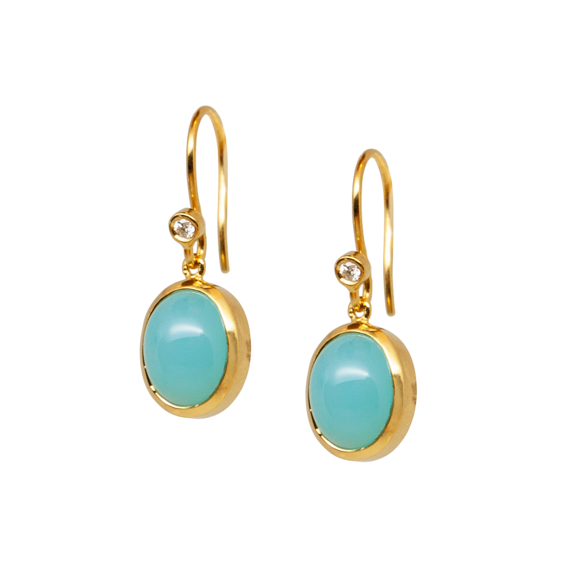 Chalcedony Gold Earrings with natural blue Gemstone set in yellow gold with diamonds