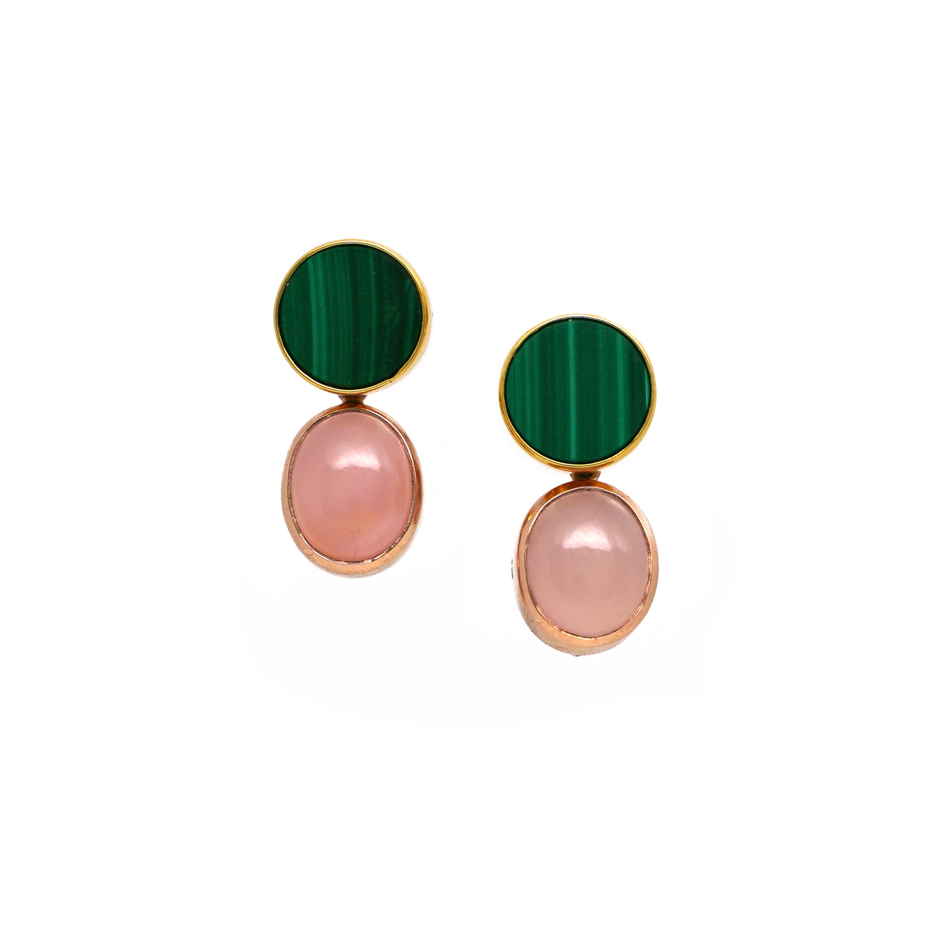 Malachite Stud Earrings with Pink Agate set in yellow gold and rose gold