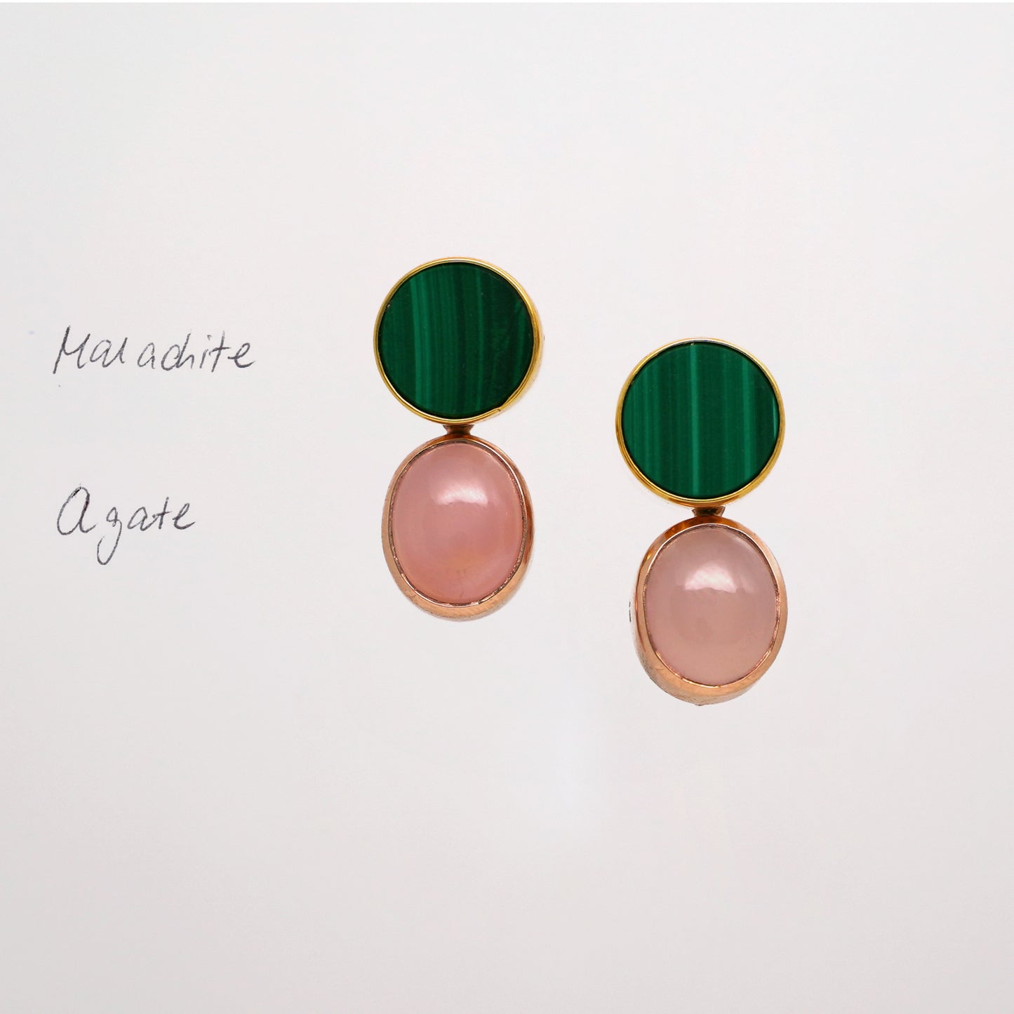 Malachite Stud Earrings with Pink Agate set in yellow gold and rose gold