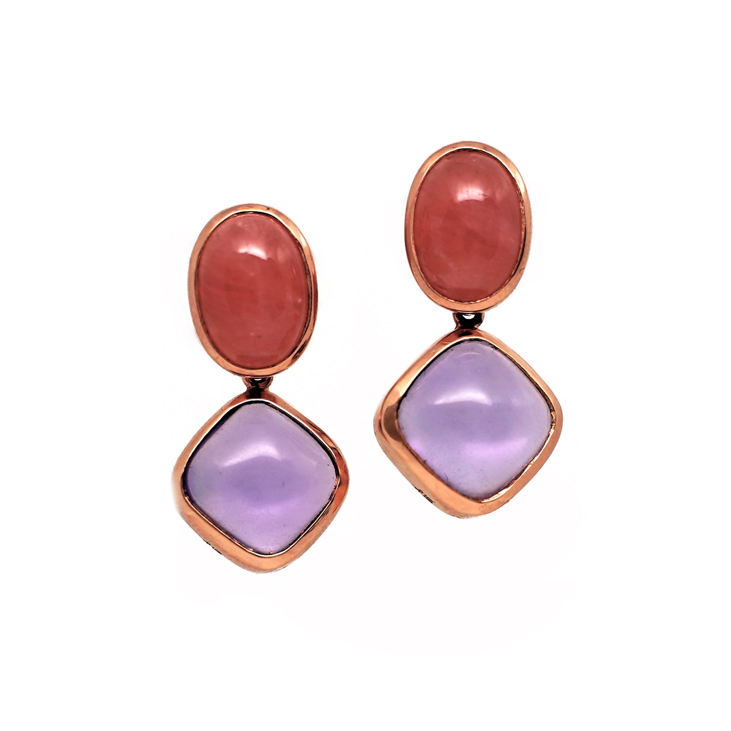 Rhodochrosite and Amethyst Gemstone Stud Earrings. Pair of earrings with pink and purple stones in rose gold on a light gray background